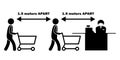 Social Distancing 1.5 meters m Apart Stick Figure with Cart Trolley at Checkout Counter Cashier Line Queue. Vector File