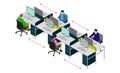 Social distancing at office workstation. Employees are working together on desk with maintaining distance for covid 19 virus.