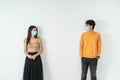 Social distancing. people with masks