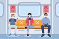 Social distancing in public transport. People in subway, male and female characters with protective masks on faces. Humans sitting