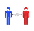 Social distancing red and blue man and woman character wearing medical mask. solution for Covid-19 Royalty Free Stock Photo