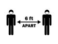 Social Distancing six 6 feet apart from others. Black and white stick figures with face mask. Covid-19 pandemic guideline. EPS