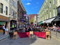 Social distancing street seating in Old Compton Street, London July 2020