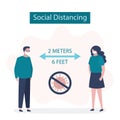 Social Distancing, two people keeping distance for infection risk and disease. 2 meters or 6 feet distance between humans