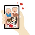 Social distancing, youngwoman and kid, grandpa, grandma are having video call