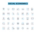 Social Economics linear icons set. Inequality, Welfare, Capitalism, Socialism, Redistribution, Injustice, Poverty line