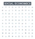 Social Economics vector line icons set. Socioeconomics, inequality, welfare, poverty, labor, markets, redistribution