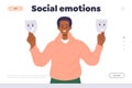 Social emotions landing page design template with cartoon man character holding expression mask Royalty Free Stock Photo