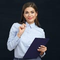 Social employee woman holding clipboard.