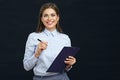 Social employee woman holding clipboard.