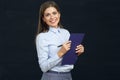 Social employee woman holding clipboard.