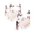 Social event isometric vector flat illustration. Catering, service staff and waiter preparing to meal isolated on white Royalty Free Stock Photo