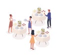 Social event isometric vector illustration. Guests drinking wine, tasting snacks at banquet cartoon characters. Waiter