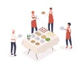 Social event preparation isometric vector illustration. Table serving, restaurant service concept. Waiters and