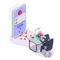 Social hacking, hacker access to social media account, vector isometric illustration. Cyber attack, internet phishing.