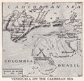 Vintage map of Venezuela on the Caribbean Sea.