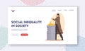 Social Inequality in Society Landing Page Template. Sad Woman Beggar Warming Hands on Fire Burning in Metal Barrel