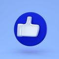 Social like minimal concept. 3d render. Like icon on a blue circle isolated on background. 3d illustration Thumbs up button