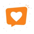 Social like notice bubble speech icon vector concept, flat cartoon love heart message symbol isolated orange color