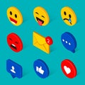 Social Like smile expression chat isometric collection. Funny flat emoji emoticon reactions color icon set