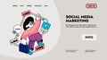 Social marketing landing. Web page template with social network buttons, like button and share button. Vector web page