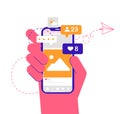 Social media concept. Modern vector minimalistic illustration. Hand holding phone with messages.