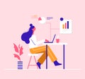 Social media concept. Modern vector minimalistic illustration. The girl is engaged in analytics on the computer. Royalty Free Stock Photo