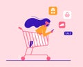 Social media concept. Modern vector minimalistic illustration. The girl makes purchases in the online store.