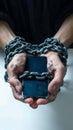 Social media addiction Chained hands with a mobile phone