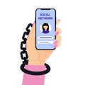 Social media addiction woman hand, phone, handcuffs