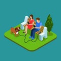 Social media addiction. Young couple in park with smartphones. 3d isometric people concept