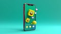 social media advertising mobile phone with posts and emojis with simple green background ai generated