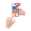 Social media app,press the button like images. Hand holding mobile smart phone. Smartphone with interface social network. Royalty Free Stock Photo