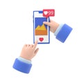 Social media app,press the button like images. Hand holding mobile smart phone. Smartphone with interface social network Royalty Free Stock Photo