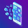 Social media apps on a smartphone. Social media 3d isometric icons. Mobile apps. Created For Mobile, Web, Decor, Application.
