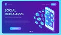 Social media apps on a smartphone. Social media 3d isometric icons. Mobile apps. Created For Mobile, Web, Decor, Application.