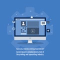 Social media, audience management, digital content publication, marketing campaign concept. Flat design vector banner.