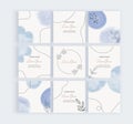 Social media banners with blue freehand geometric hand painted watercolor shapes, black lines and leaves. Modern neutral template