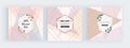 Social media banners with geometric pastel pink, nude and gold glitter lines and marble frame. Modern template for poster, cover,