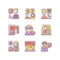 Social media bullying RGB color icons set Royalty Free Stock Photo