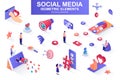 Social media bundle of isometric elements. Customer targeting, loudspeaker, smm service, mobile marketing, referral