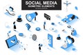 Social media bundle of isometric elements. Customer targeting, loudspeaker, smm service, mobile marketing, referral program