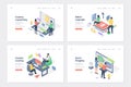 Social media business promotion isometric landing page templates set