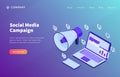 Social media campaign concept with laptop dana analysis and loud speaker megaphone for website template or landing homepage