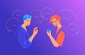 Social media chat and communication concept flat vector illustration. Two teenage boys using mobile smartphone Royalty Free Stock Photo