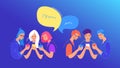 Social media chat or opinion poll concept flat vector illustration. Teenage people using mobile smartphone for chatting and voting