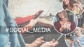 Social media.Closeup of smartphone and digital tablet in hands of young women sitting at table in cafe.In right part of image ther Royalty Free Stock Photo