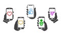 Social media communication concept, mobile applications, set hands raising smartphone Ã¢â¬â vector