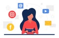 Social media communication concept with network icons and woman using mobile phone