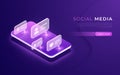 Social media communication, networking, chatting, messaging isometric concept